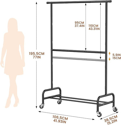 Abiglifty 2 Tier Clothes Rcks for Hanging Clothes, Heavy-Duty Clothing Rack with Wheels,150LBS Capacity, 42" W X15 D X 77" H Garment Rack with Bottom Shelf, for Bedroom, Living Room, Black