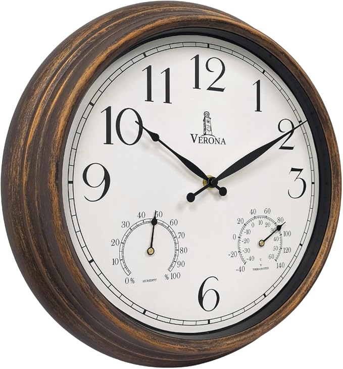 Outdoor Clocks for Patio Waterproof with Thermometer - 14 inch Indoor Outdoor Clock with Temperature and Humidity - Weatherproof, Accurate & Easy to Read Wall Clock for Pool, Patio, Garden &Home Decor