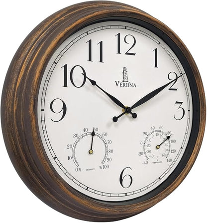 Outdoor Clocks for Patio Waterproof with Thermometer - 14 inch Indoor Outdoor Clock with Temperature and Humidity - Weatherproof, Accurate & Easy to Read Wall Clock for Pool, Patio, Garden &Home Decor