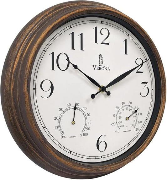 Outdoor Clocks for Patio Waterproof with Thermometer - 14 inch Indoor Outdoor Clock with Temperature and Humidity - Weatherproof, Accurate & Easy to Read Wall Clock for Pool, Patio, Garden &Home Decor