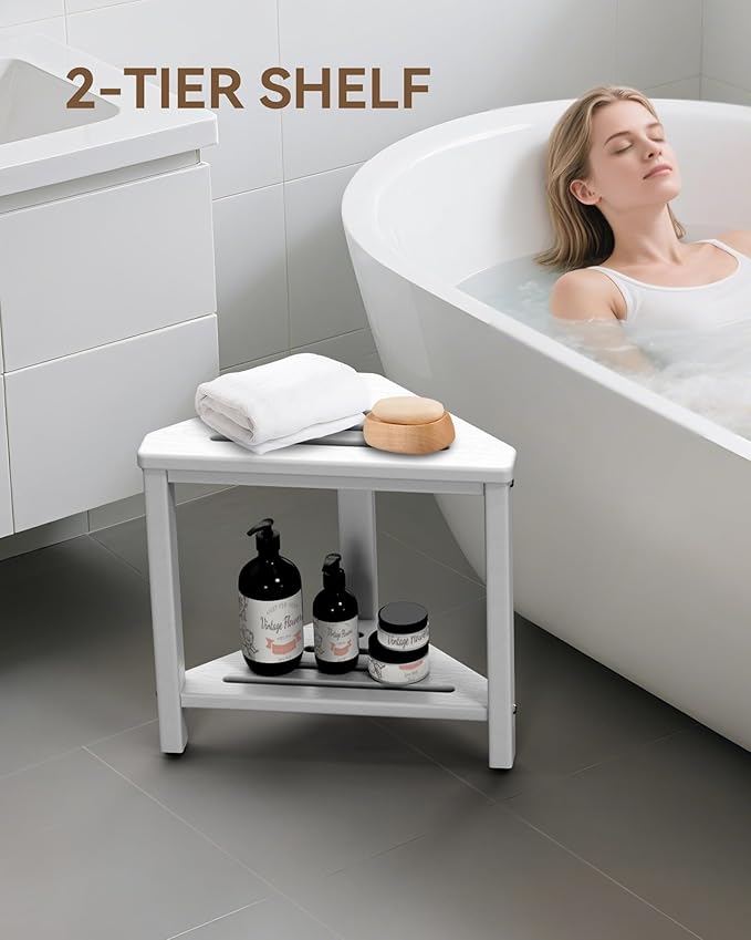 Shower Foot Rest 15in, HDPE Waterproof Shower Stool for Inside Shower, Corner Shower Stool for Shaving Legs with Storage Shelf for Small Space, Shower Step Stool, Plastic Corner Shower Bench, White