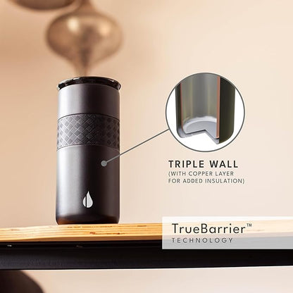 Elemental Artisan Inner Ceramic Coating Tumbler, Triple Wall Coffee Travel Mug, Reusable Stainless Steel Coffee Tumbler with Ceramic Lid for Hot (6 Hrs) & Cold (18 Hrs), 16oz - Black
