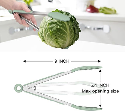 Hotec Silicone Kitchen Tongs for Cooking 9-Inch Serving Tongs with Silicone Tips, Set of 3 (Light Green)