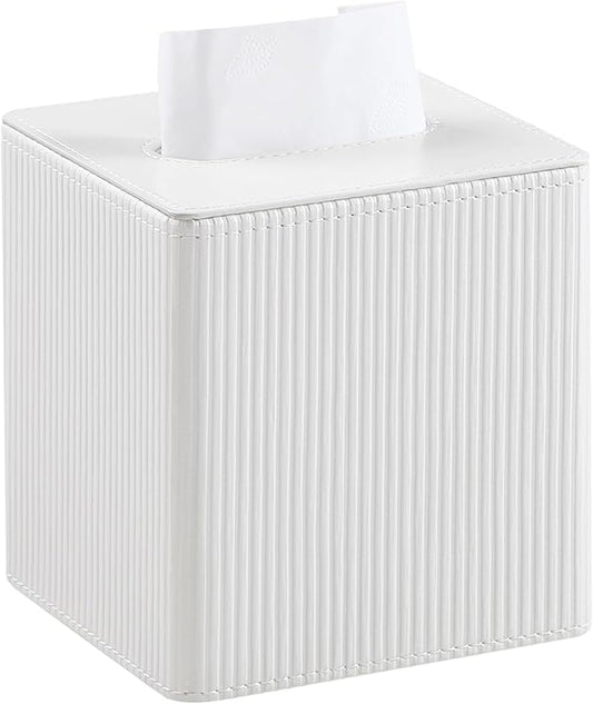 Tissue Box Cover Square with Magnetic Closure, PU Leather Tissue Box Holder for Bathroom NightStands Livingroom, Decorative Modern Square Tissue Holder (Ivory)