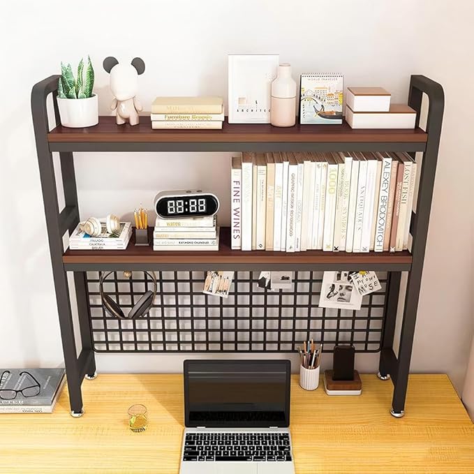 Desktop Hutch Bookshelf, 2-Tier Metal Desk Shelf with Grid Panel, Wooden Desktop Display Rack for Computer Monitor, Countertop Storage Organizer for Office Home Dorm (115cm Black)
