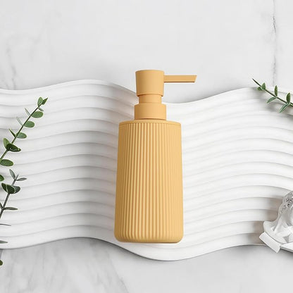 Small Soap Dispenser for Bathroom and Kitchen, Modern Farmhouse Striped Style Plastic Hand Soap Dish Soap Dispenser with Pump Matte Yellow