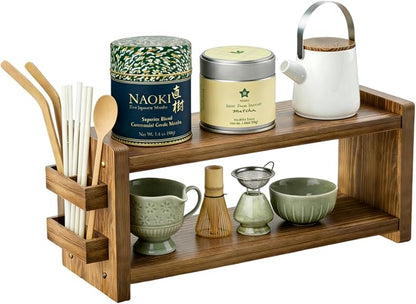 Solid Wood Coffee and Matcha Station Organizer - Farmhouse 2 Tier Shelf with Straw Holder for Matcha, Pods, Sugar, Tea, Cups, Stirrers, Mugs Storage for Home Kitchen Countertop