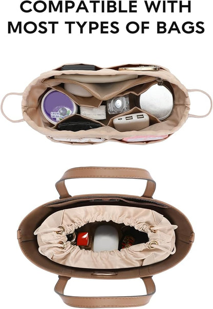 GIVLEFLY Purse Organizer Insert with Multiple Pockets, Drawstring Satin Tote Bag Organizer,Light Weight Purse Liner with Zipper Pocket Fit for Longchamp Hobo,Neverful and More (Beige,Large)