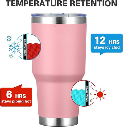 MEWAY 30oz Insulated Tumbler With Lids and Straws,Stainless Steel Double Vacuum Coffee Tumbler Cup, Brush, Durable Powder Coated Coffee Cup for Cold & Hot Drinks, Office, Travel(Pink,4 PACK)