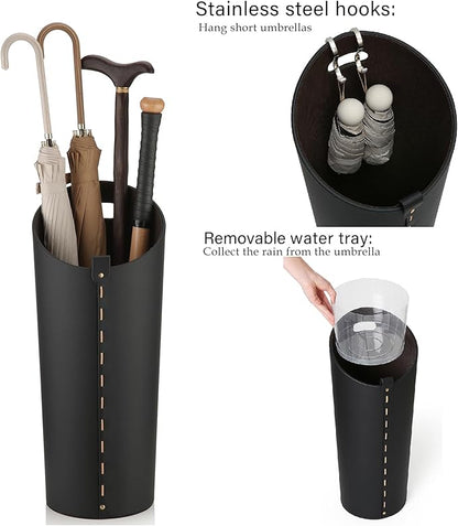 Black Umbrella Holer for Entryway with Drip Tray and 2 Steel Hooks Leahter Tall 22.44 Inches Umbrella Stand Rack Indoor Can Store 10 Golf Umbrellas or Crutches Toy Swords etc