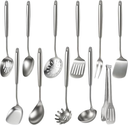 Newness 11 Pcs Cooking Utensils Set, 304 Stainless Steel Kitchen Utensils Set, Metal Kitchen Accessories, Include Soup Ladle, Slotted Skimmer Spoon, Spaghetti Spoon and Spatula, Dishwasher Safe