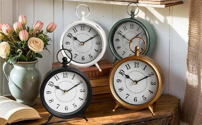 MACVAD Small white table clock Vintage Rustic White Table Clock on Stand, Decorative Desk and Shelf Clock Farmhouse Mantel Clock Rustic Non-Ticking Clock