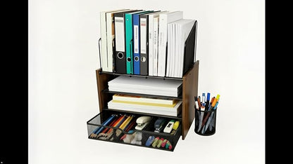 Wooden & Metal Desk Organizer – 4-Tier Vertical Desktop Storage with File Trays, Pen Holder & Drawer – Space-Saving Office & Home Workspace Organizer