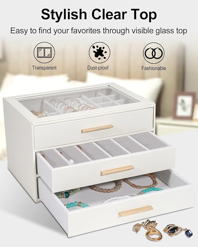 Jewelry Box for Women, Glass Lid Jewelry Organizer with 3 Drawers PU Jewelry Storage Case for Necklaces Rings Earrings Bracelets, White