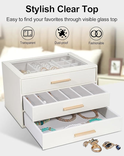 Jewelry Box for Women, Glass Lid Jewelry Organizer with 3 Drawers PU Jewelry Storage Case for Necklaces Rings Earrings Bracelets, White