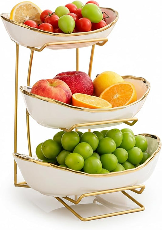 MEIGLQEA Gold Silver Fruit Bowl with Metal Stand, 3 Tier Ceramic White Fruit Bowl Fruit Rack for Kitchen Counter, Tiered Fruit Basket for Snacks Bread Candy Storage (White A (Smooth Surface))