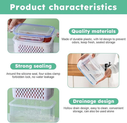 2 Pack Fruit Storage Containers for Fridge with Removable Colanders, Dishwasher & Microwave safe Produce Storage Containers with Lids Keep Fruits, Vegetables, Berry, Meat Fresh longer