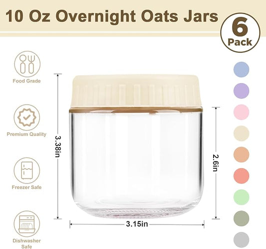 Overnight Oats Containers with Lids, 10oz Wide Mouth Mason Jars with Lids, 6 Pack Glass Jars with Airtight lid for Chia Pudding Yogurt Salad, Meal Prer Oatmeal Jars, Yellow