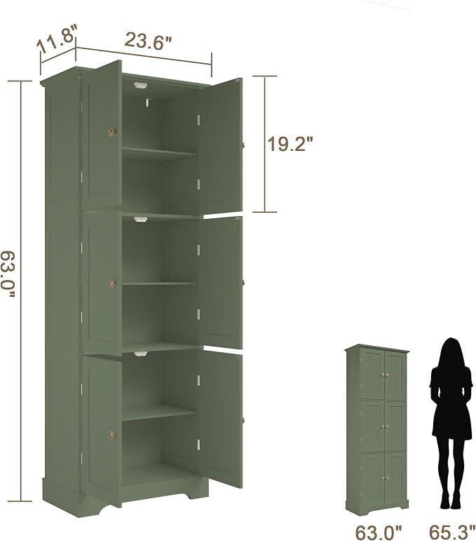 ChooChoo Tall Bathroom Storage Cabinet with 6 Doors, Freestanding Floor Cabinet with Adjustable Shelves, Green Pantry Cabinet for Bathroom, Kitchen, Laundry Room