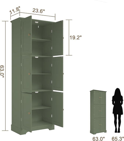 ChooChoo Tall Bathroom Storage Cabinet with 6 Doors, Freestanding Floor Cabinet with Adjustable Shelves, Green Pantry Cabinet for Bathroom, Kitchen, Laundry Room