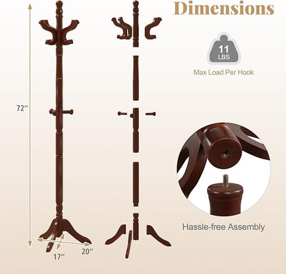 Tangkula Coat Rack Freestanding, Solid Rubber Wood Coat Tree with 11 Hooks and 3 Height Options for Coats, Hats, Bags, Purses, Clothes, Hanger Stand for Entryway Hallway Bedroom Office (Reddish Brown)
