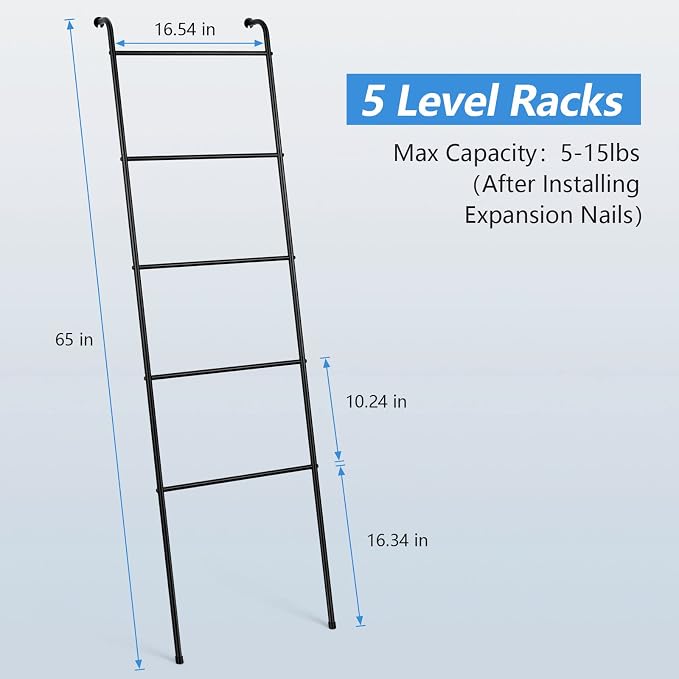 2 Pack Blanket Ladder Bathroom Metal Towel Ladder, 5 Tier Wall Leaning Towel Rack Black Blanket Holder for Living Room Laundry Room Home Decor
