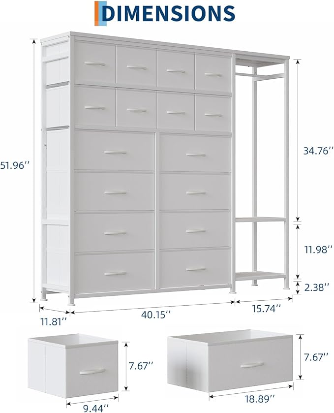 GarveeHome Dresser with 16 Drawers & Hanging Rod & Shelves, Fabric Storage Organizer for Bedroom, Closet, or Entryway