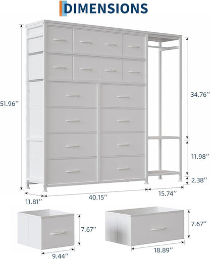 GarveeHome Dresser with 16 Drawers & Hanging Rod & Shelves, Fabric Storage Organizer for Bedroom, Closet, or Entryway