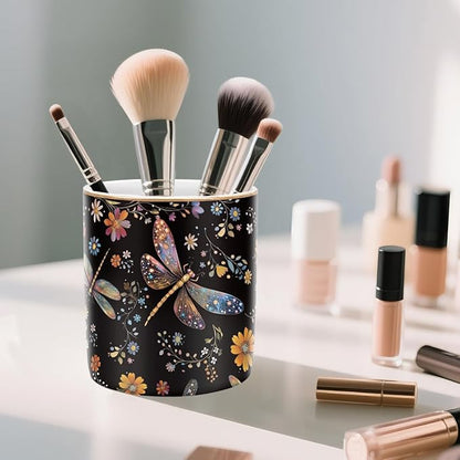 WAVEYU Pen Holder, Pencil Cup for Desk, Cute Makeup Brush Holder, Durable Ceramic Organizer Decor for Room, Office, Classroom, Cute Dragonfly Pattern