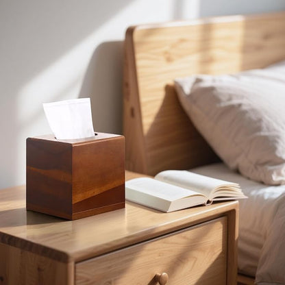 2 Pack Wooden Tissue Box Cover Square - Acacia Wood Tissue Box Holder for Tabletop Stands Bathroom Office- Decorative Facial Wood Tissue Box Cover for Modern Farmhouse Decor (Walnut)