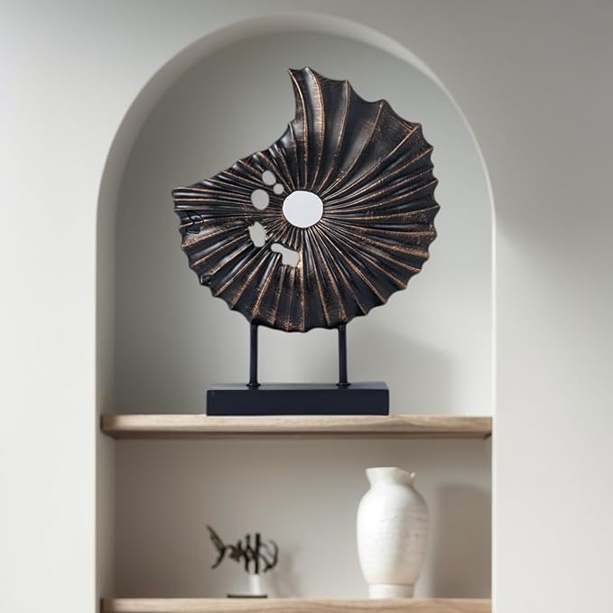 LuckySunDecorQZ Unique Round Coin Sculpture Decorative Objects for Shelf Home Decor Accents, Modern Abstract Tabletop Decor Items for Living Room Fireplace Mantel, Above Cabinet (Black L)
