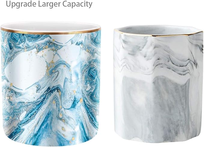 WAVEYU Pen Pencil Holder for Desk, Marble Desk Decor Organizer, Durable Ceramic Pencil Cup Holder Marble Design Makeup Cups for Brushes for Office, Classroom, Blue