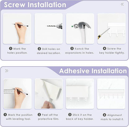 VIS'V Key Holder Wall Mount, Compact Adhesive Key Rack with Tray, 6 Hooks, 2 Mount Options, White