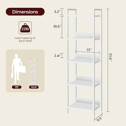 Bookshelf, 5-Tier Bookcase, Standing Book Shelf for Small Space, Storage Shelf Organizer, for Living Room, Bedroom, Study, Balcony, White BKBW5501