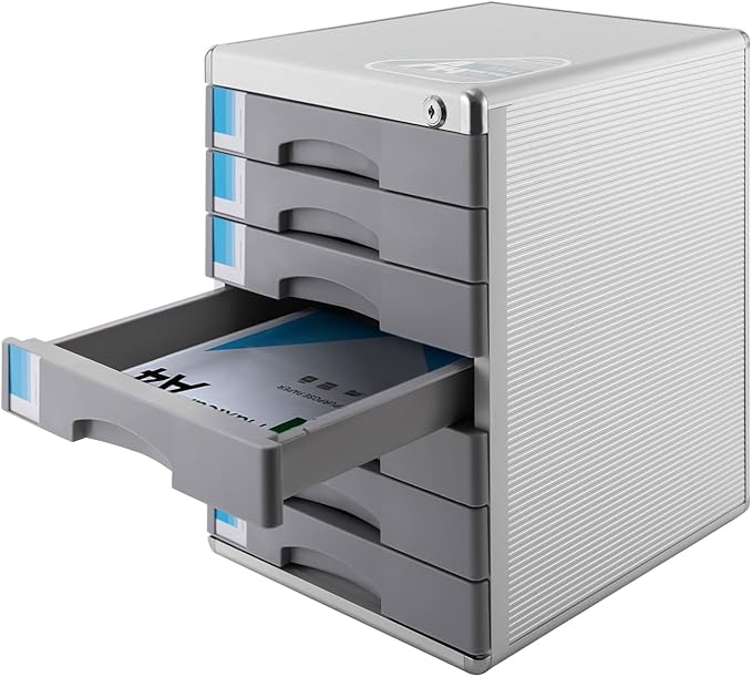 Desk Organizer with 7 Drawers, Metal Desktop Storage Cabinet File Holder with Locks and Keys, Filing Case Literature Organizer for Office Home, L11.8*D14*H16in, Silver & Grey
