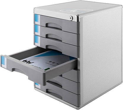 Desk Organizer with 7 Drawers, Metal Desktop Storage Cabinet File Holder with Locks and Keys, Filing Case Literature Organizer for Office Home, L11.8*D14*H16in, Silver & Grey