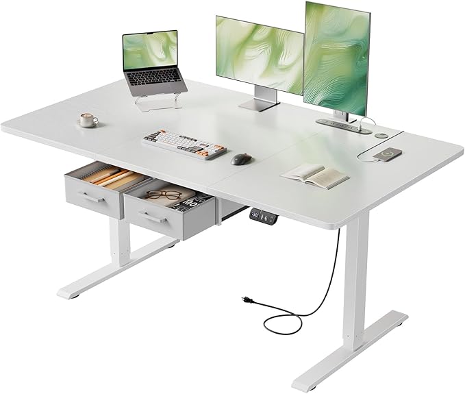 HLDIRECT Electric Standing Desk, 55 x 31.5 Inches Height Adjustable Table with Outlets, Sit Stand Computer Desk with Drawers for Home Office, Ergonomic Rising Workstation, White