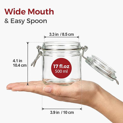 17oz Overnight Oats Containers, Glass Jars with Airtight Lids（Set of 6）,3.3in Wide Mouth Straight-Sided Canisters with Gift Labels & Hemp Rope for Meal Prep, Dry Food Storage & On-the-Go