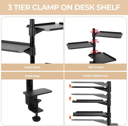 FAHKNS 3-Tier Clamp on Desk Shelf - Multifunctional Desk Clamp Shelf，Ergonomics Metal Desk Extension for Home/Office/Game Room，Tabletop Book Storage Rack，Desktop Thickness 0.4-2.2”