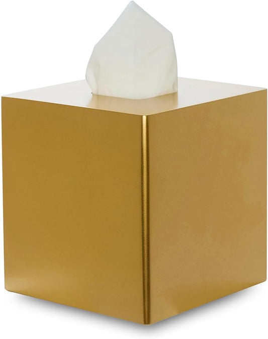 Yew Design Gold Square Tissue Box Cover, Decorative Tissue Box Dispenser for Bathroom, Parlors, Office, Bedroom Dresser, Vanity Countertop, Nightstand, Car, and Desk