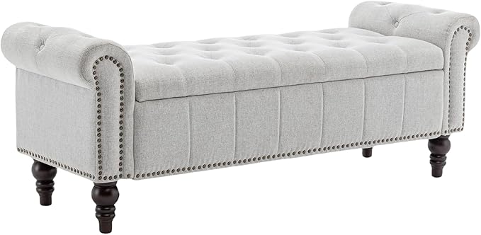 HOMEFLEX 58” Long Storage Bench, Upholstered Ottoman with Tufted Trim, Large End-of-Bed Bench for Bedrooms, Living Rooms, and Entryways (Silver)