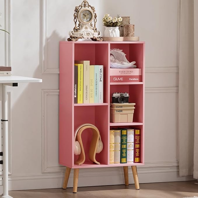 LEYAOYAO 5 Cube Bookshelf 3-Tier Bookcase with Legs,Mint Light Pink Kids Book Shelf Cute Storage Organizer,Free Standing Open Toy Shelves Wood Bookshelves,Display Bookcases for Bedroom,Living Room