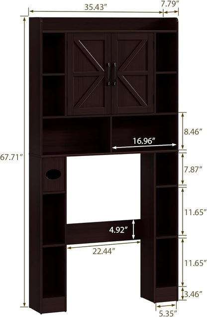 Farmhouse Storage Cabinet Over Toilet with Barn Doors，Over The Toilet Storage Cabinet, Home Space-Saving Toilet Rack, for Bathroom, Restroom, Laundry.Espresso