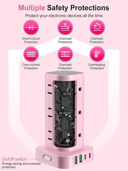 Power Strip Tower with Multiple Outlets, Flat Plug Surge Protector Tower Extension Cord with 12 AC Outlets 4 USB Ports (2 USB C), 6FT Cord Power Tower Surge Protector for Home Office Dorm Room, Pink