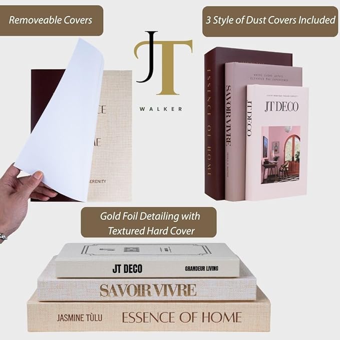 Decorative Books for Home Decor - Coffee Table Hardcover Book Set of 3 - Faux Books for Decoration for Coffee Table, Living Room, Bookshelf - Blank Pages, Foil Stamping - Removable Covers