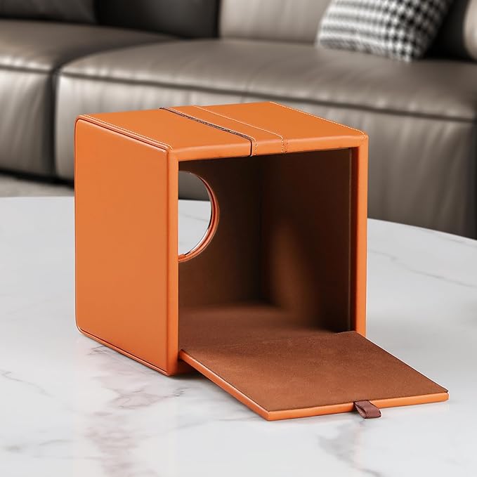 MEIBOOCH Square Tissue Box Cover, Luxury PU Leather Tissue Holder with Magnetic Closure (Orange)