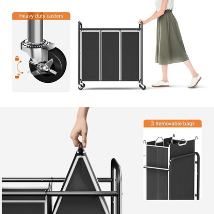 ROMOON Laundry Sorter Hamper 3 Section, Divided Laundry Basket Organizer with Heavy Duty Lockable Wheels and Removable Bags, Rolling Clothes Hamper for Apartment, Dorm & Family (135L Modern Black)