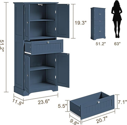 ChooChoo 51" H Tall Bathroom Floor Cabinet, Modern Bathroom Storage Cabinet with Drawer and Adjustable Shelves, Freestanding Kitchen Pantry Cupboard with 4 Doors for Living Room, Blue