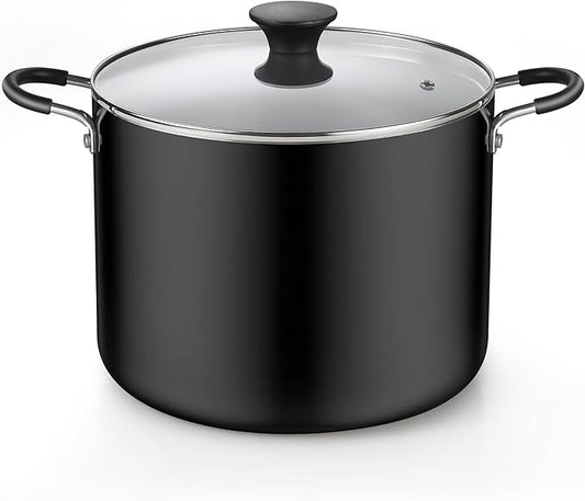 Cook N Home Professional 10.5 Quart Non stick Stock Pot with Lid, Riveted Handles, Big Soup Pot for Holiday Feasts, Stockpot with Even Heating, Induction Cookware, Oven & Dishwasher Safe, Black