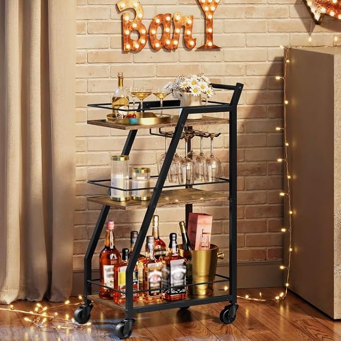 Bar Cart, Bar Cart for The Home, Small Bar Cart on Wheels, Beverage Cart, Home Bar Serving Cart with Glass Holder, Drink Cart for Bar, Kitchen, Rustic Brown and Black BC03BR